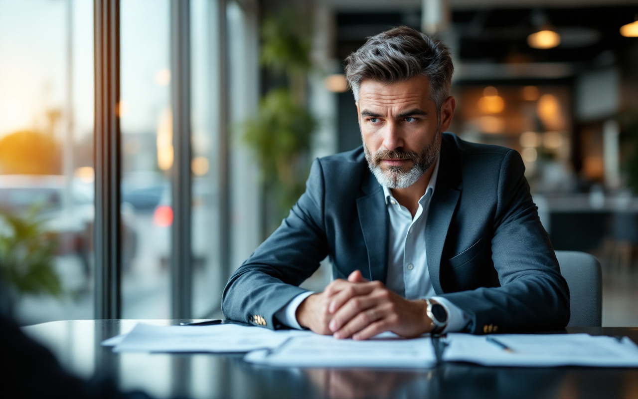 Une personne en train de négocier l'achat d'une voiture dans un concessionnaire, avec une expression concentrée et des documents étalés sur la table de négociation.