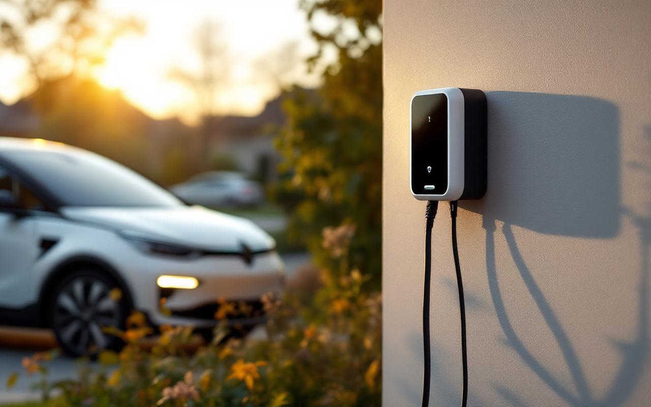 Voiture électrique compacte grise en train de se recharger sur une wallbox murale à l'extérieur d'une maison, câble branché, allée résidentielle et plantes en arrière-plan, lumière chaude du coucher de soleil, ambiance réaliste et naturelle.