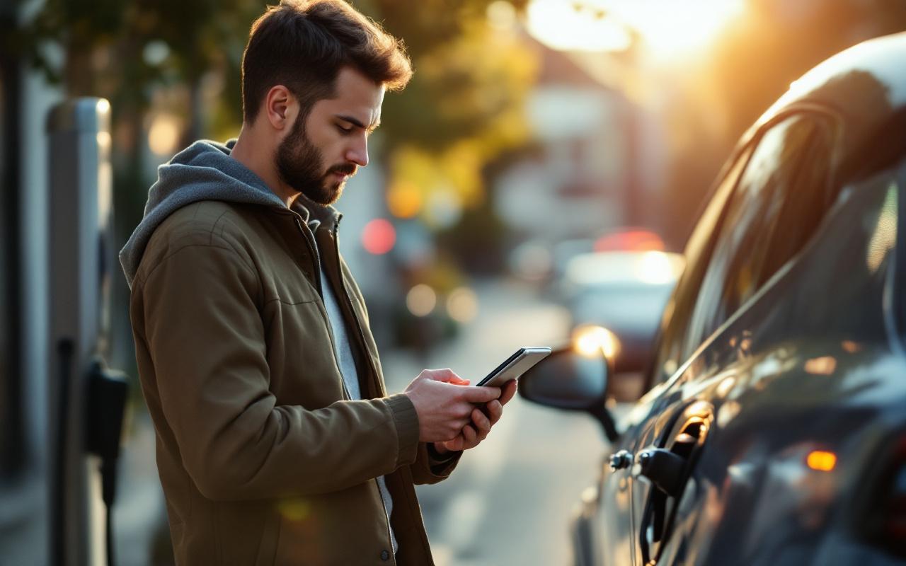 Homme consultant sur une tablette le coût de la recharge d’une voiture électrique garée à côté d’une borne, scène réaliste en extérieur avec lumière douce du matin et couleurs dominantes bleu et gris.