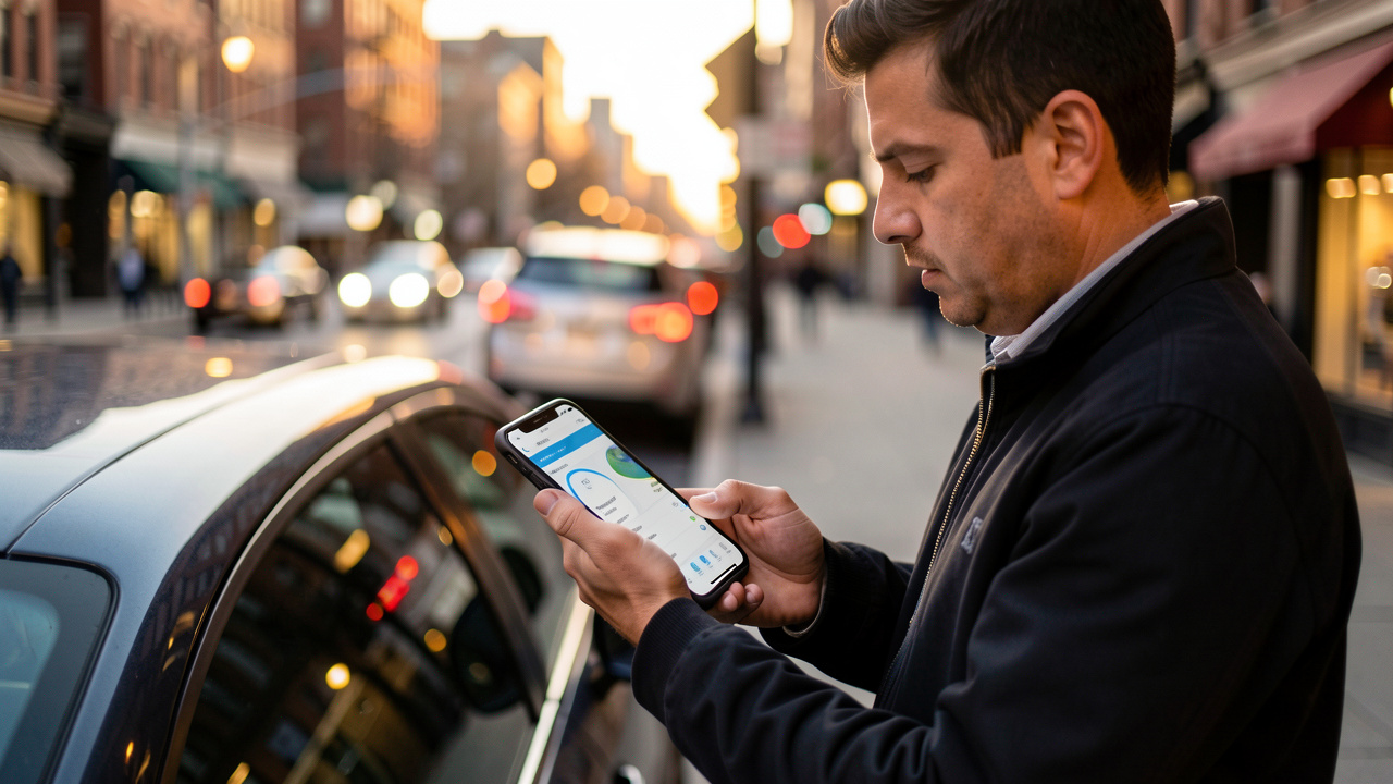 Un homme compare des dépenses liées à sa voiture sur un smartphone près d’une voiture stationnée dans une rue de ville, lumière dorée du soir et ambiance urbaine réaliste.