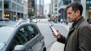 Un homme compare ses dépenses liées à la voiture près d’une petite voiture compacte garée en ville, ambiance moderne réaliste, lumière naturelle et profondeur de champ.
