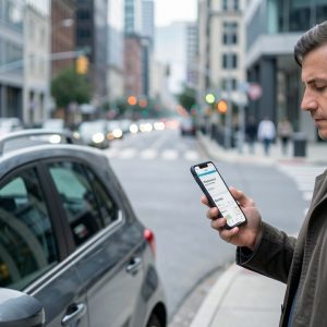 Un homme compare ses dépenses liées à la voiture près d’une petite voiture compacte garée en ville, ambiance moderne réaliste, lumière naturelle et profondeur de champ.