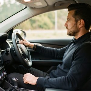 Habitacle automobile moderne vu de profil, avec un conducteur bien installé, tableau de bord ergonomique dans une ambiance sobre et éclairage d’intérieur doux.