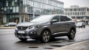 Vue trois quarts avant d’un Peugeot 3008 gris stationné en ville, ambiance de guide d’achat automobile, éclairage de journée doux et reflets réalistes sur la carrosserie.