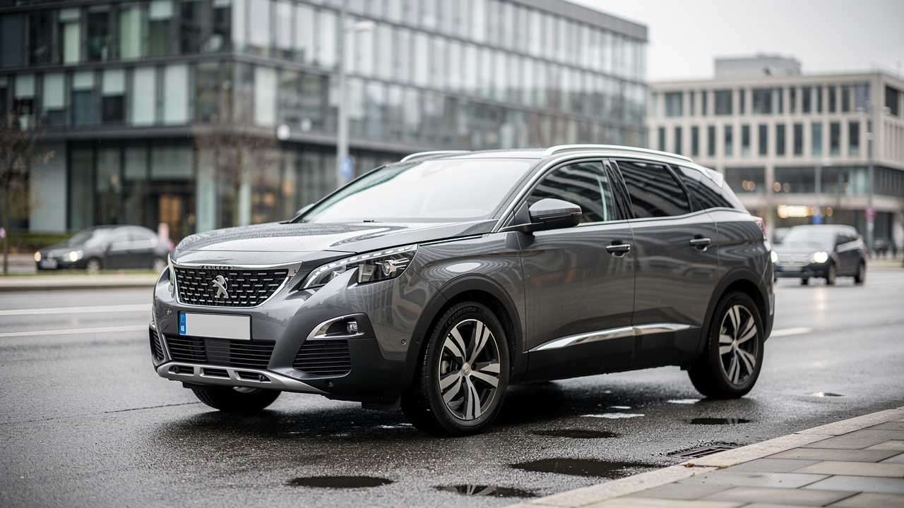 Vue trois quarts avant d’un Peugeot 3008 gris stationné en ville, ambiance de guide d’achat automobile, éclairage de journée doux et reflets réalistes sur la carrosserie.