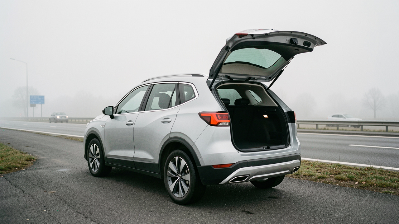 SUV familial moderne stationné en extérieur, coffre ouvert laissant voir l’espace de chargement, ambiance sobre et routière sous un éclairage naturel.