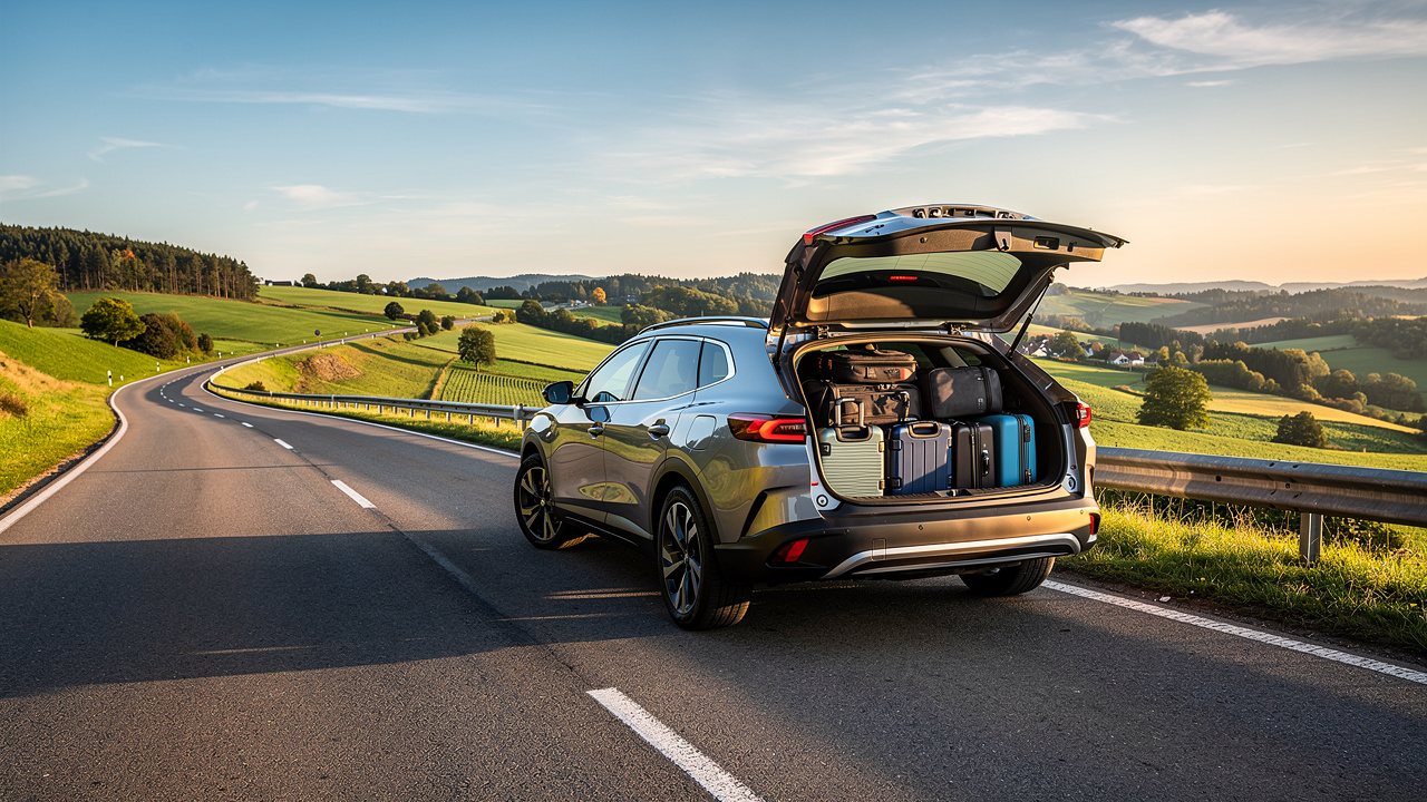 Vue de trois quarts arrière d’un SUV hybride compact chargé de valises, coffre ouvert, stationné près d’une route bordée de paysages vallonnés.