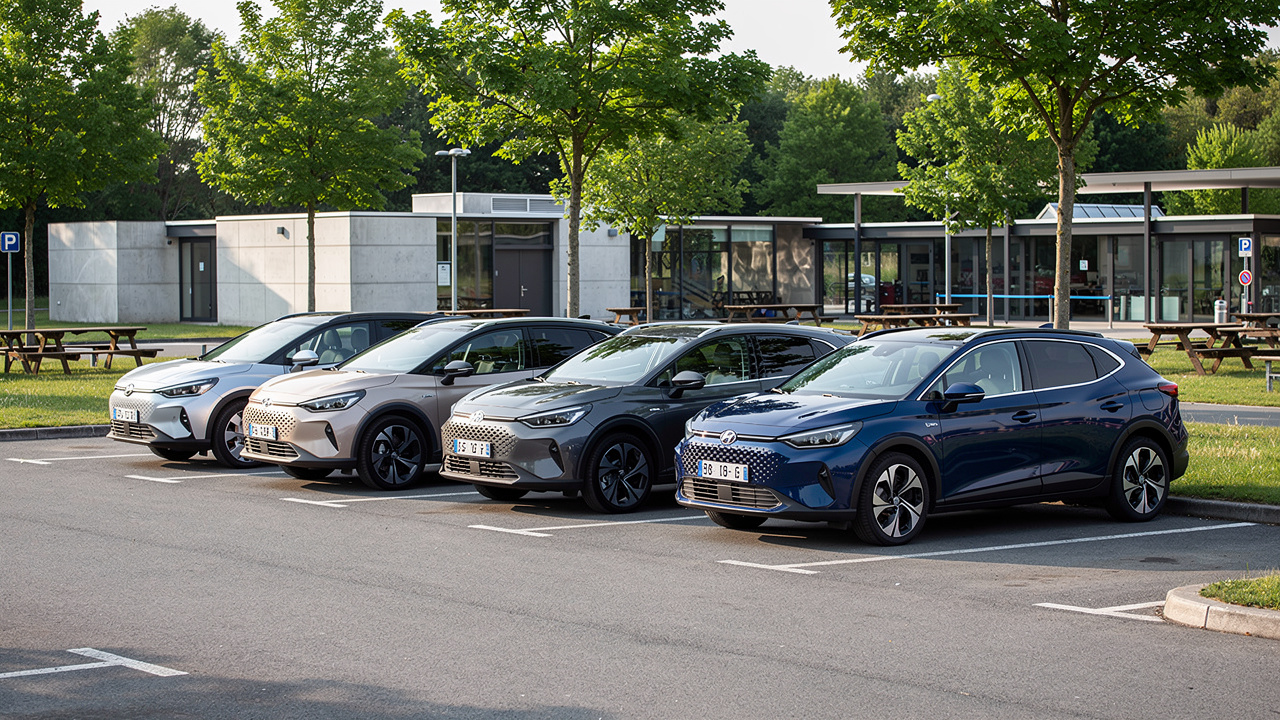 SUV hybrides compacts et familiaux stationnés en rangée sur une aire d’autoroute française, éclairés par une lumière naturelle.