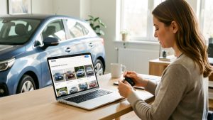 Une femme compare des voitures d’occasion sur un ordinateur portable, avec un véhicule garé près de son bureau lumineux.