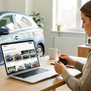 Une femme compare des voitures d’occasion sur un ordinateur portable, avec un véhicule garé près de son bureau lumineux.
