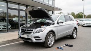 SUV de luxe gris argenté soigneusement inspecté devant un showroom automobile moderne.