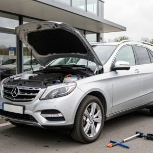 SUV de luxe gris argenté soigneusement inspecté devant un showroom automobile moderne.
