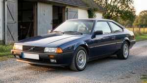 Une voiture familiale européenne des années 1980 en bon état, présentée de trois quarts sur une route de campagne.