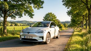 Voiture moderne conduite par une femme écoresponsable sur une route bordée d’arbres, dans un paysage lumineux et verdoyant.