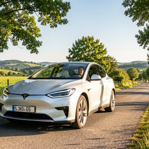 Voiture moderne conduite par une femme écoresponsable sur une route bordée d’arbres, dans un paysage lumineux et verdoyant.