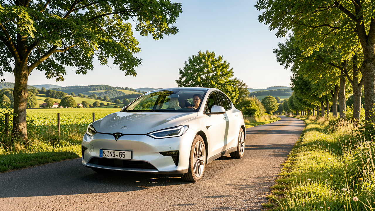 Voiture moderne conduite par une femme écoresponsable sur une route bordée d’arbres, dans un paysage lumineux et verdoyant.
