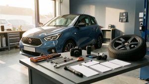Espace éditorial automobile avec une voiture, des outils d’entretien et des accessoires illustrant des contenus et conseils pratiques.