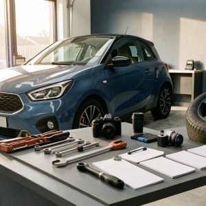 Espace éditorial automobile avec une voiture, des outils d’entretien et des accessoires illustrant des contenus et conseils pratiques.