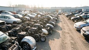 Pièces automobiles d’occasion soigneusement organisées dans une casse auto propre et lumineuse.