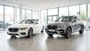 Deux voitures haut de gamme, une berline neuve et un SUV d’occasion bien entretenu, présentées côte à côte dans un showroom automobile moderne.
