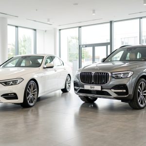 Deux voitures haut de gamme, une berline neuve et un SUV d’occasion bien entretenu, présentées côte à côte dans un showroom automobile moderne.