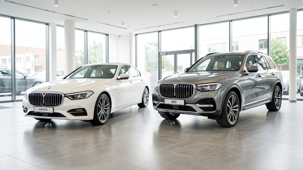 Deux voitures haut de gamme, une berline neuve et un SUV d’occasion bien entretenu, présentées côte à côte dans un showroom automobile moderne.
