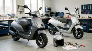 Deux scooters urbains de 50 cm³ présentés dans un atelier propre avec un casque et des outils d’entretien.
