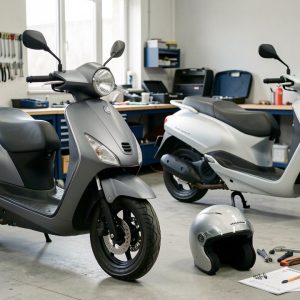 Deux scooters urbains de 50 cm³ présentés dans un atelier propre avec un casque et des outils d’entretien.
