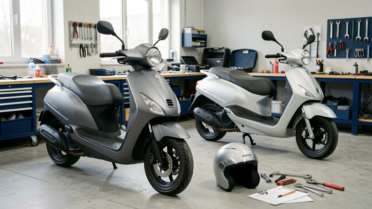Deux scooters urbains de 50 cm³ présentés dans un atelier propre avec un casque et des outils d’entretien.