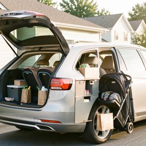 Voiture familiale moderne garée devant une maison, avec sièges enfants, poussette et sacs de courses visibles dans un habitacle spacieux et bien organisé.