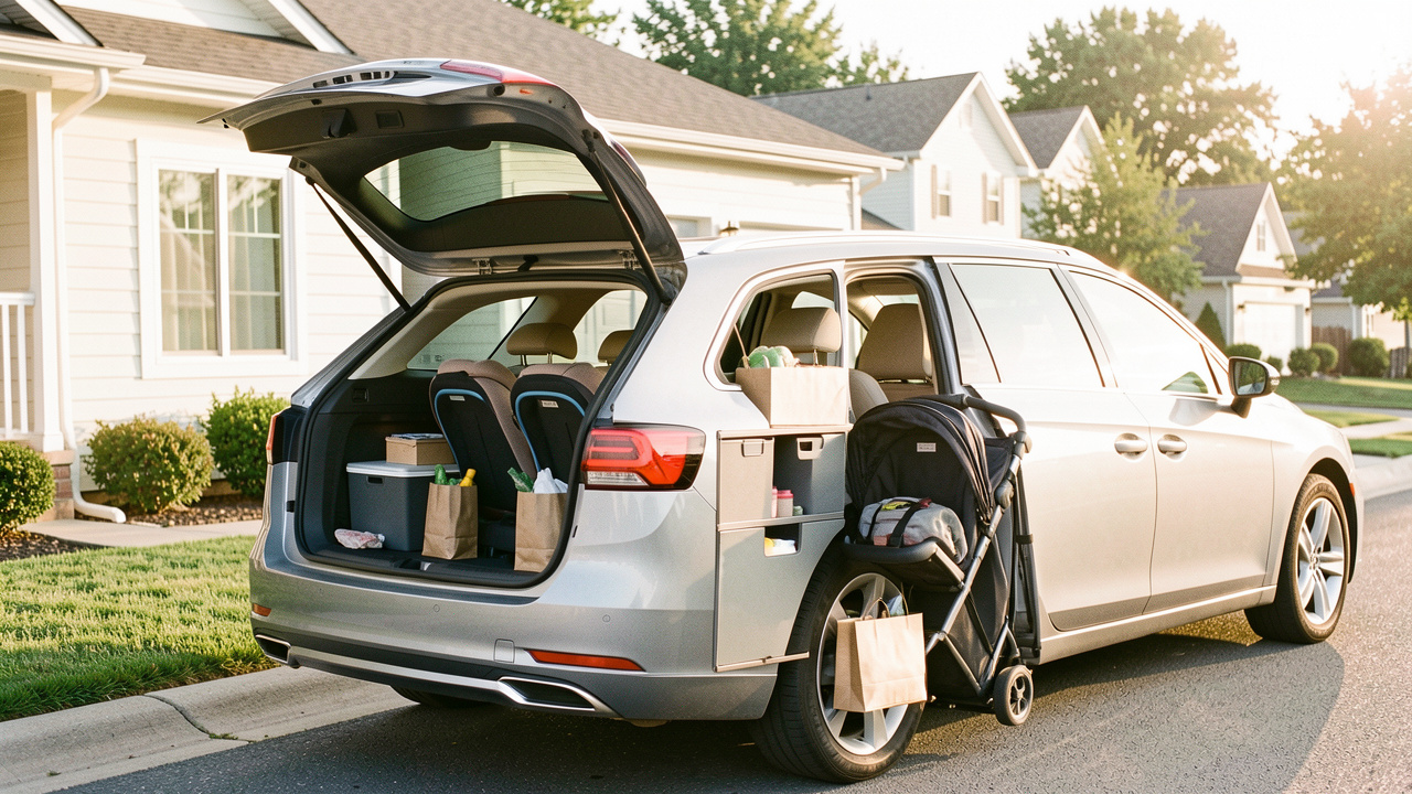 Voiture familiale moderne garée devant une maison, avec sièges enfants, poussette et sacs de courses visibles dans un habitacle spacieux et bien organisé.