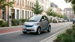 Voiture compacte sans permis circulant dans une rue urbaine moderne avec des aménagements liés à la mobilité durable.