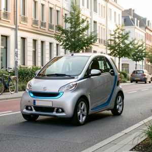 Voiture compacte sans permis circulant dans une rue urbaine moderne avec des aménagements liés à la mobilité durable.