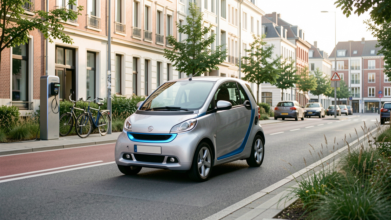 Voiture compacte sans permis circulant dans une rue urbaine moderne avec des aménagements liés à la mobilité durable.