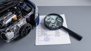 Document administratif automobile générique placé près d’un moteur, illustrant l’identification de la cylindrée et la prévention des confusions.