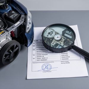 Document administratif automobile générique placé près d’un moteur, illustrant l’identification de la cylindrée et la prévention des confusions.