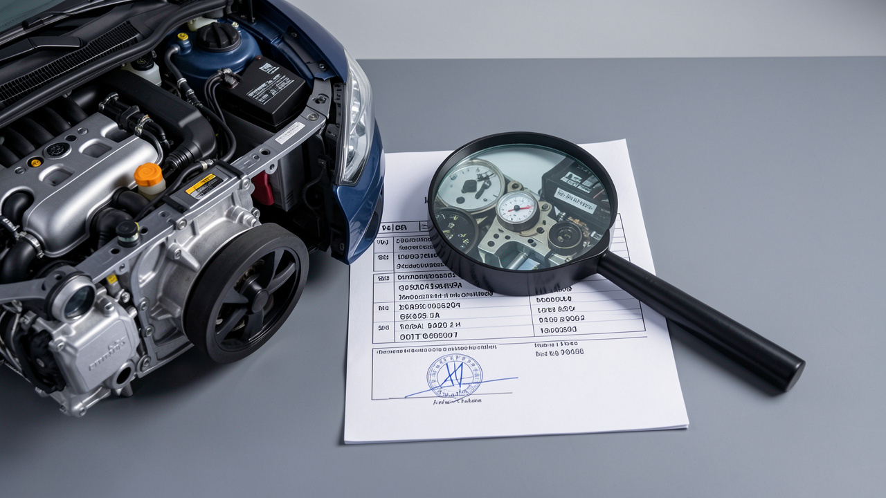 Document administratif automobile générique placé près d’un moteur, illustrant l’identification de la cylindrée et la prévention des confusions.
