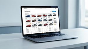 Ordinateur portable affichant une interface épurée consacrée aux automobiles, avec plusieurs véhicules et des listes de comparaison sans texte visible.