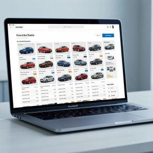 Ordinateur portable affichant une interface épurée consacrée aux automobiles, avec plusieurs véhicules et des listes de comparaison sans texte visible.