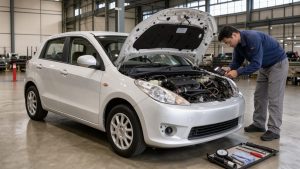 Voiture compacte japonaise soigneusement inspectée dans un centre professionnel d’enchères automobiles.