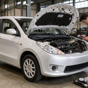 Voiture compacte japonaise soigneusement inspectée dans un centre professionnel d’enchères automobiles.