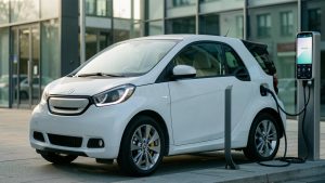 Voiture électrique moderne garée près d’une borne de recharge, avec un smartphone affichant une interface abstraite et épurée.