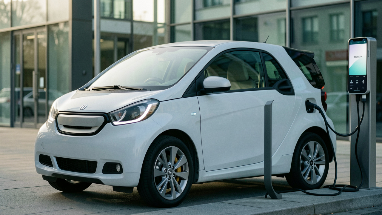 Voiture électrique moderne garée près d’une borne de recharge, avec un smartphone affichant une interface abstraite et épurée.