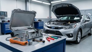 Boîtier électronique automobile ouvert dans un atelier, entouré d’un multimètre, de connecteurs et d’outils de diagnostic.