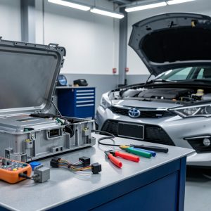 Boîtier électronique automobile ouvert dans un atelier, entouré d’un multimètre, de connecteurs et d’outils de diagnostic.