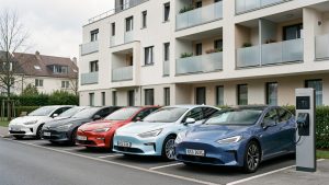 Comparatif visuel de voitures hybrides et électriques modernes garées devant un immeuble résidentiel, avec une borne de recharge visible.