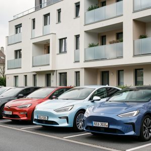 Comparatif visuel de voitures hybrides et électriques modernes garées devant un immeuble résidentiel, avec une borne de recharge visible.