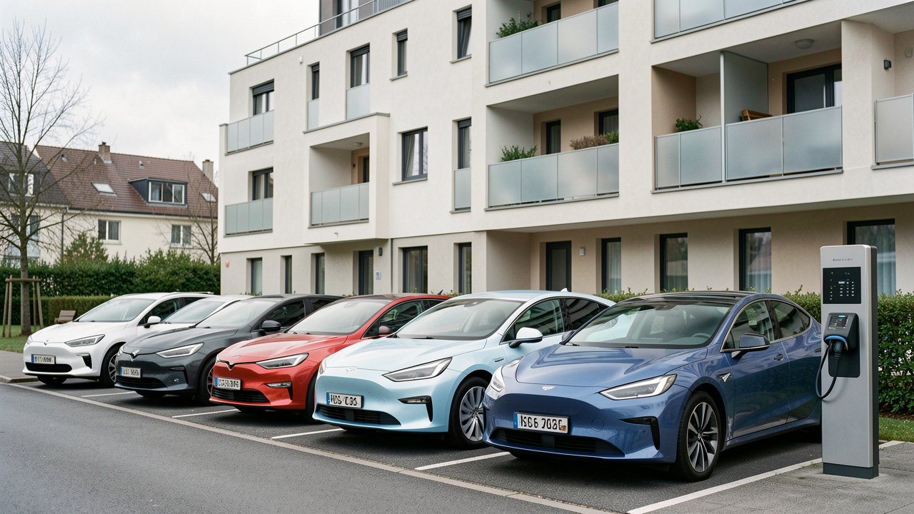 Comparatif visuel de voitures hybrides et électriques modernes garées devant un immeuble résidentiel, avec une borne de recharge visible.
