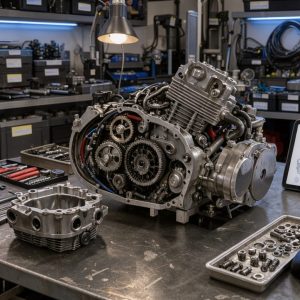Atelier de formation en mécanique moto avec moteur démonté, outils de précision, gants de sécurité et tablette affichant des schémas mécaniques abstraits.