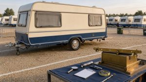 Caravane d’occasion bien entretenue dans un parc professionnel, accompagnée d’une balance symbolisant l’évaluation de sa juste valeur.